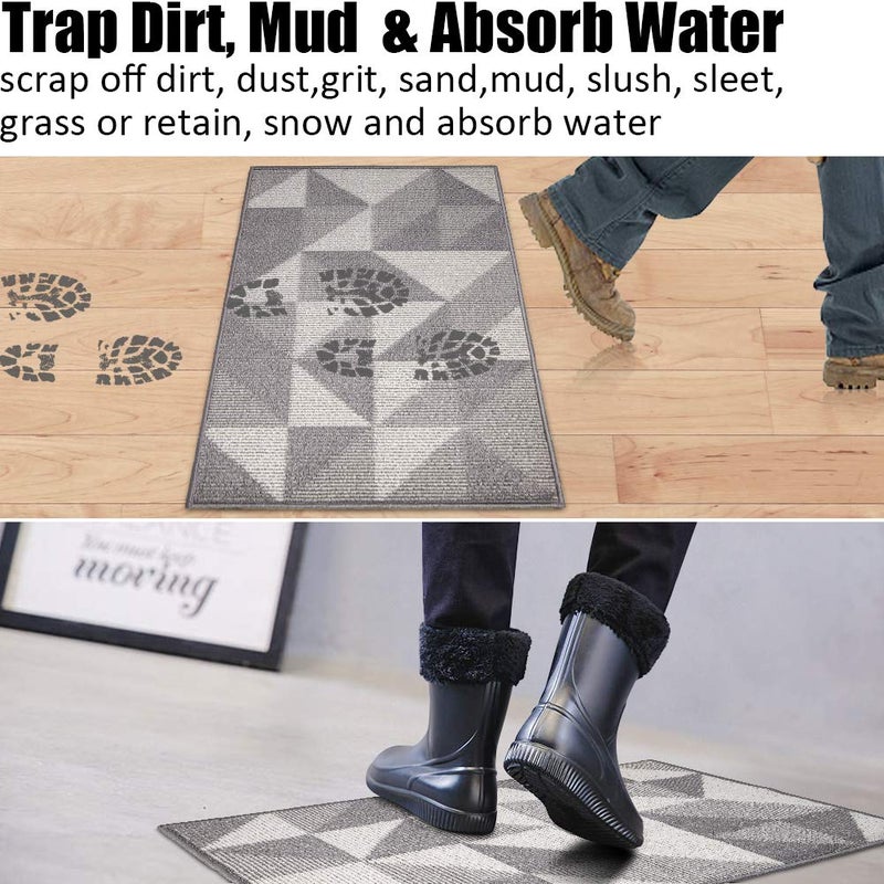 Aoonby Indoor Doormat 20"x 32", Absorbent Front Back Door Mat, Rubber Backing Non Slip Floor Mats Inside Mud Dirt Trapper Outside Entrance Front Door Rug Carpet, Machine Washable Low Profile - Grey Geome - Image 3